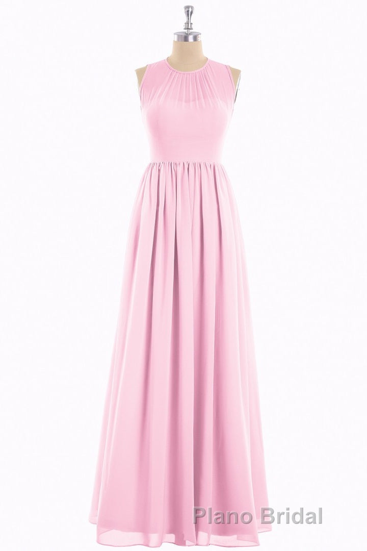 Pink Chiffon Halter Cutout Back A-Line Long Bridesmaid Dresses