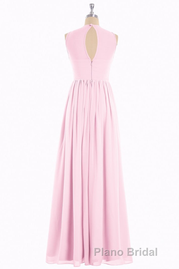 Pink Chiffon Halter Cutout Back A-Line Long Bridesmaid Dresses