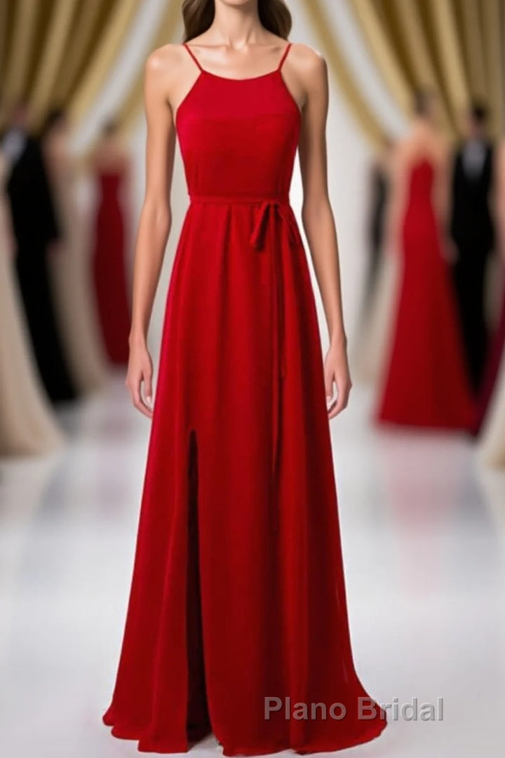 Red Chiffon Spaghetti Straps Backless A-Line Bridesmaid Dresses with Slit Main image