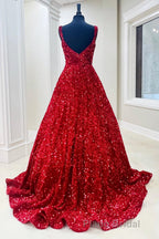Red Sequin Square Neck Backless A-Line Long Formal Prom Gown