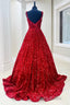 Red Sequin Square Neck Backless A-Line Long Formal Prom Gown