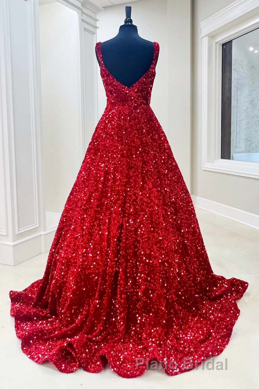 Red Sequin Square Neck Backless A-Line Long Formal Prom Gown