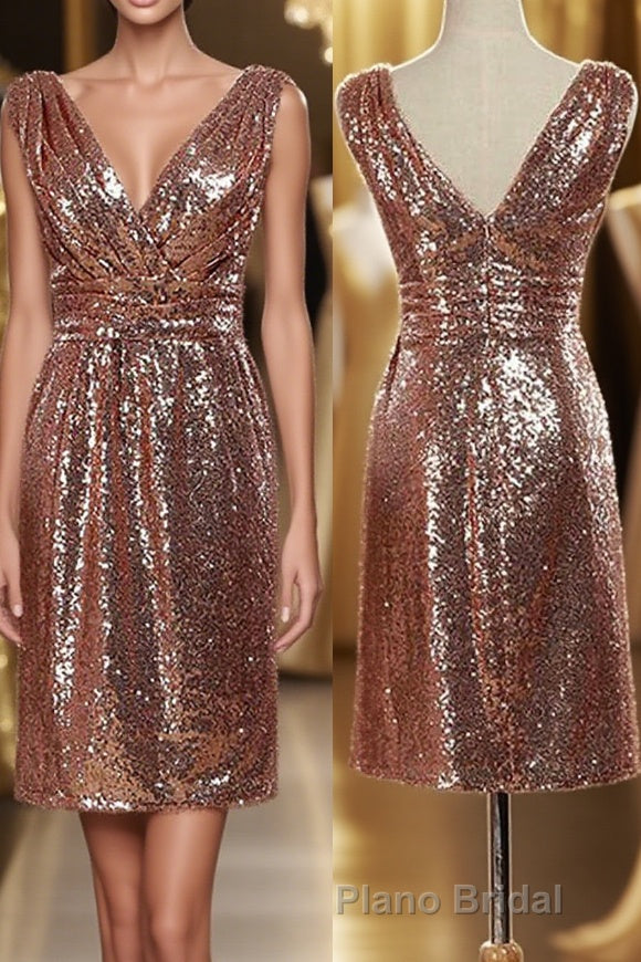 Rose Gold Sequin V-Neck Backless Short Bridesmaid Dresses