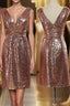 Rose Gold Sequin V-Neck Backless Short Bridesmaid Dresses