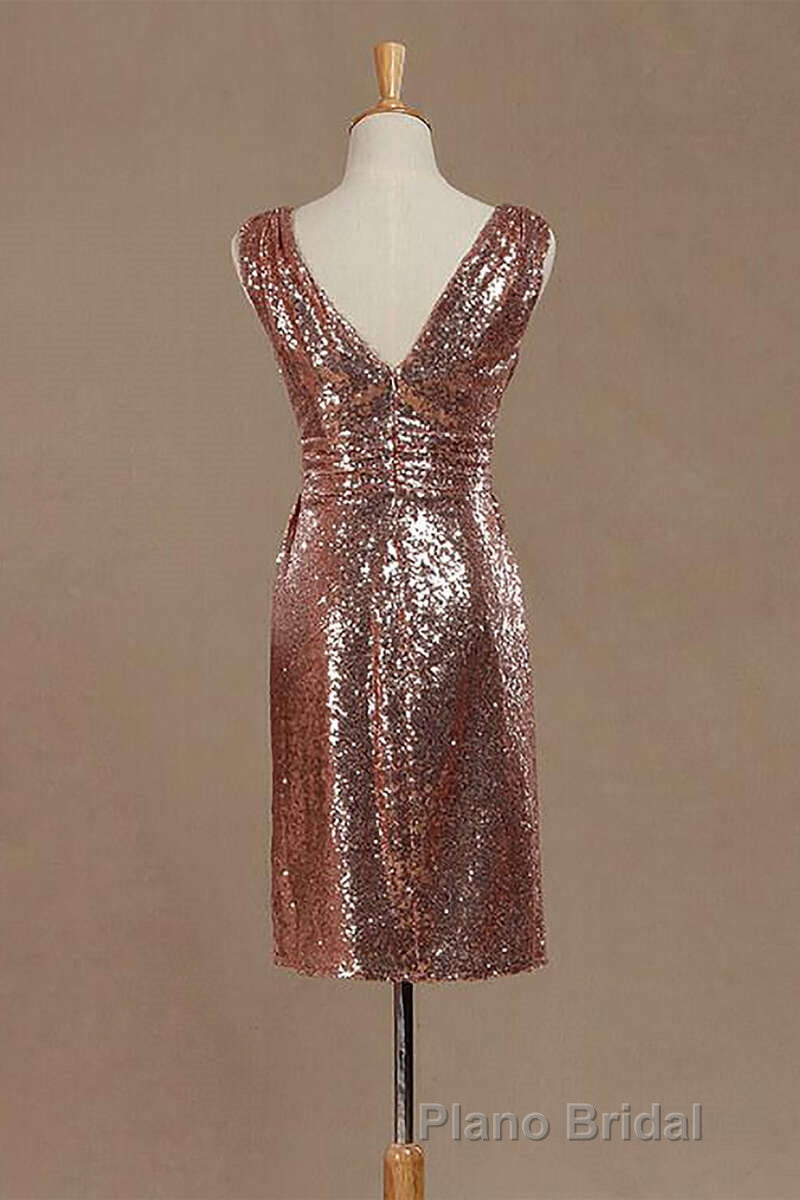 Rose Gold Sequin V-Neck Backless Short Bridesmaid Dresses