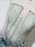 Green A Line Tulle Lace Long Formal Prom Dresses, Green Tulle Prom Dresses