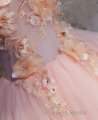 Pink Round Neck Tulle Lace Long Formal Prom Dresses, Lace Prom Dresses