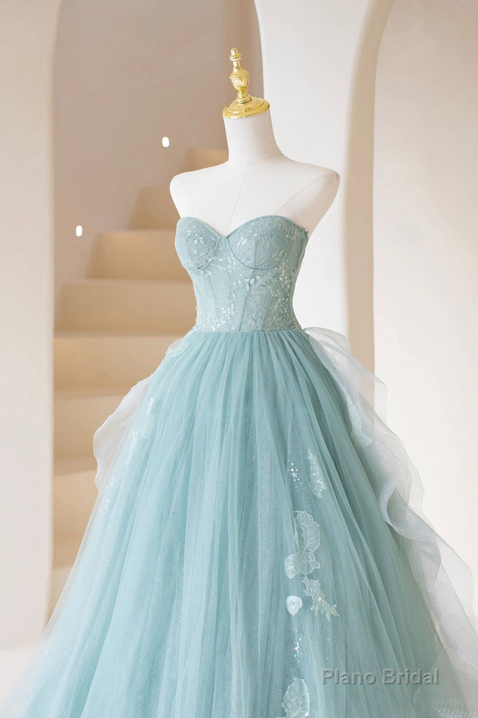 Cute Tulle Strapless Long Prom Dress, A-Line Lace Formal Evening Dress Secondary image