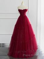 A-line Sweetheart Neck Tulle Burgundy Long Formal Prom Dresses, Off Shoulder Burgundy Prom Dresses