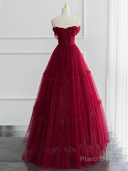 A-line Sweetheart Neck Tulle Burgundy Long Prom Dress, Off Shoulder Burgundy Formal Dress