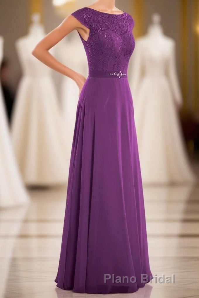Elegant Purple Lace Cap Sleeve A-Line Long Bridesmaid Dresses Main image