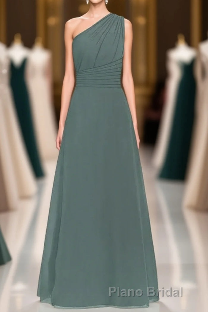 Dark Sage Green Chiffon One-Shoulder Long Bridesmaid Dresses Main image