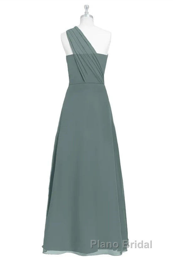 Dark Sage Green Chiffon One-Shoulder Long Bridesmaid Dresses