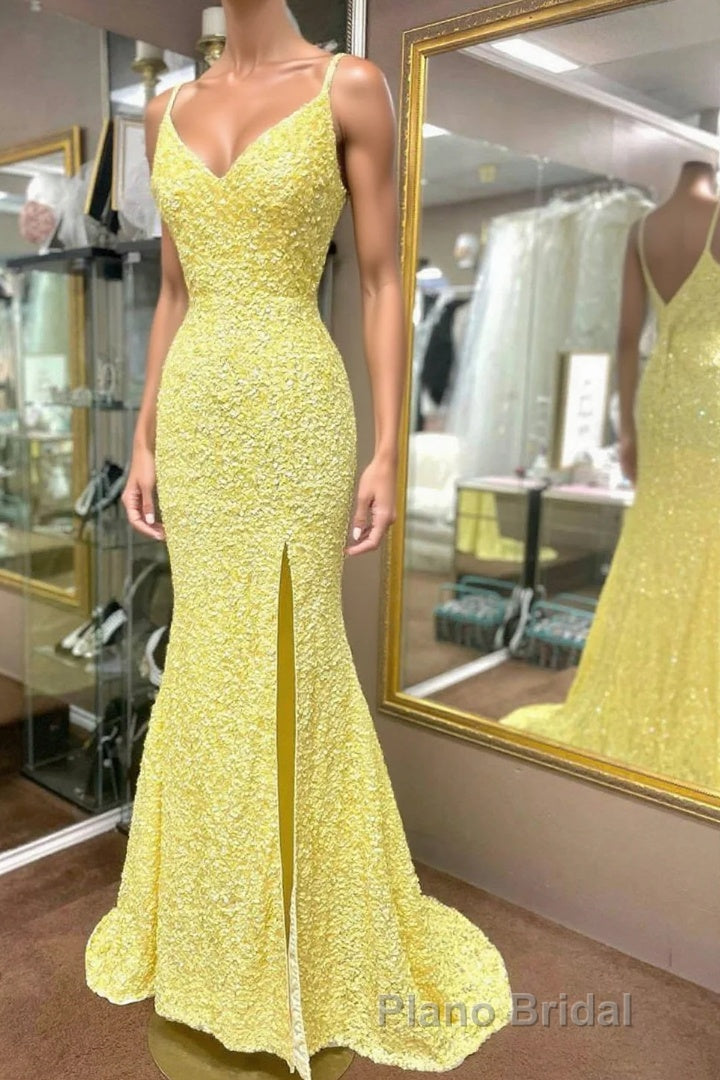 Elegant Yellow Sequins Mermaid Formal Prom Dresses