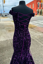 Purple Sequin Off-the-Shoulder Lace-Up Mermaid Long Dress