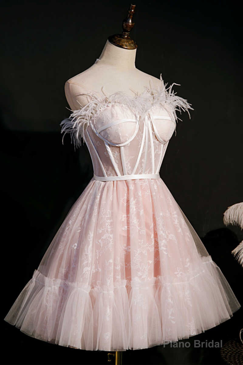 Pink Feather Strapless A-Line Short Homecoming Dress Main image