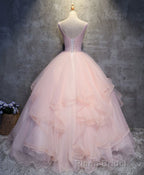 Pink Round Neck Tulle Lace Long Formal Prom Dresses, Lace Prom Dresses