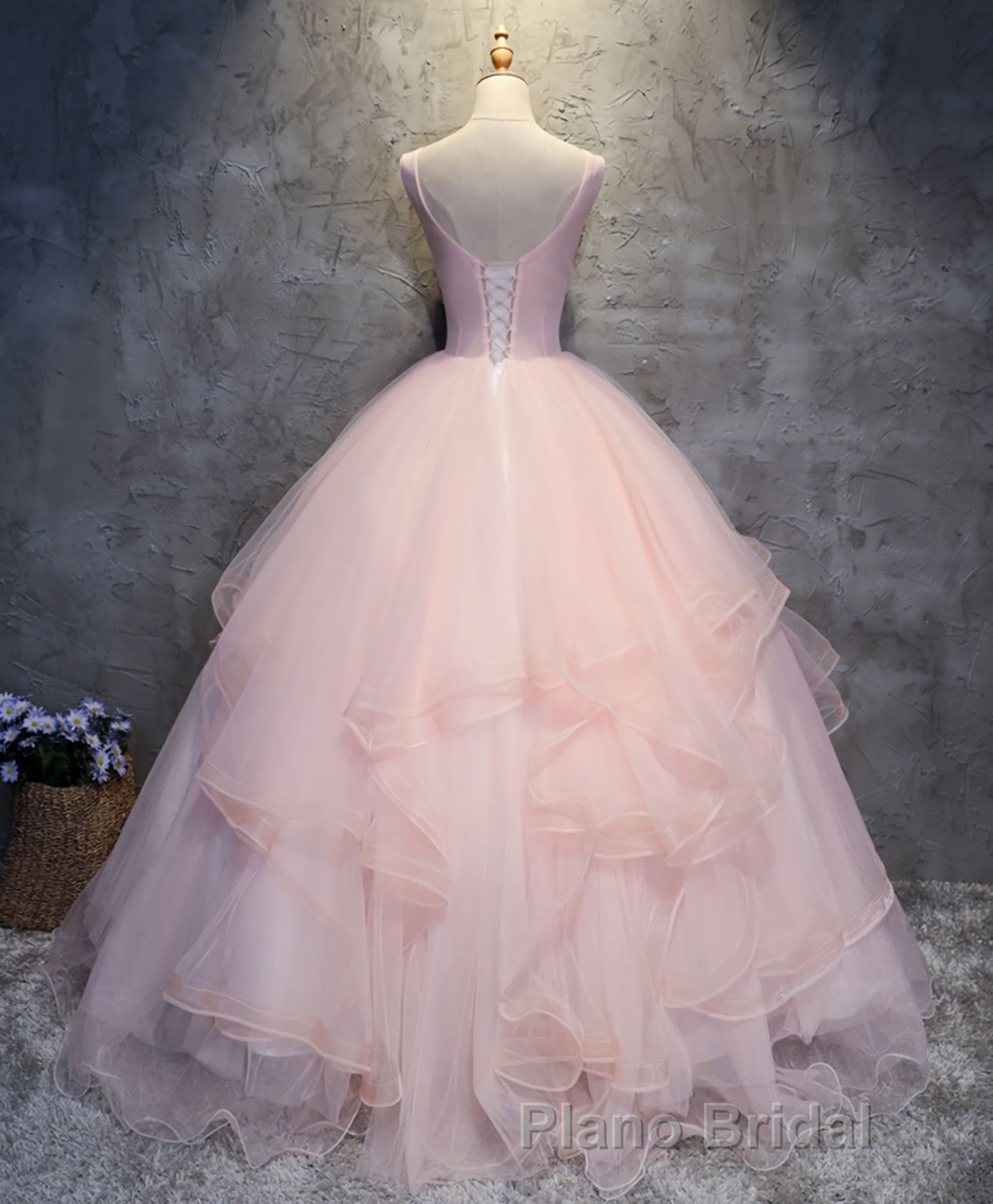 Pink Round Neck Tulle Lace Long Formal Prom Dresses, Lace Prom Dresses
