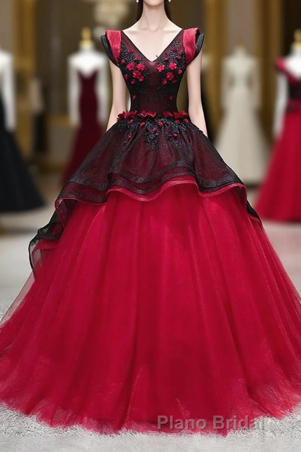 Unique Burgundy V Neck Tulle Long Formal Prom Dresses, Burgundy Evening Dresses Main image