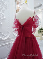 Wine Red Tulle V-Neckline Off Shoulder With Bow, Wine Red Tulle Long Formal Prom Dresses