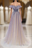 Purple Off Shoulder Tulle Sequin Long Formal Prom Dresses, Purple Evening Dresses