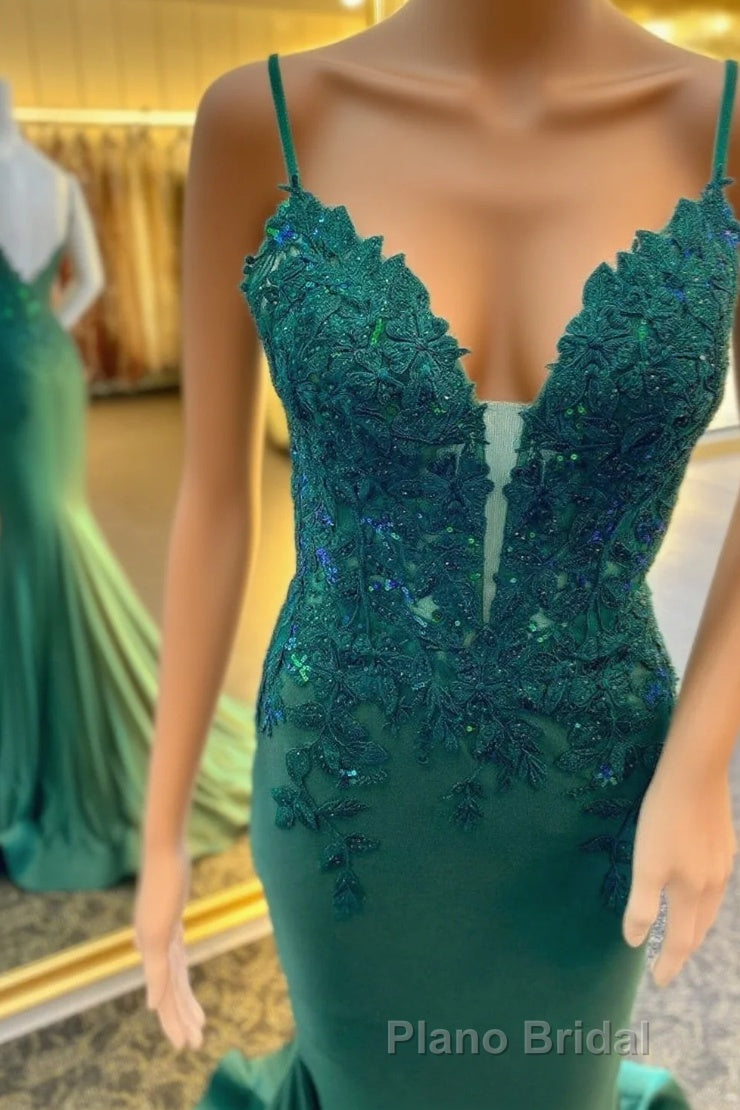 Hunter Green Floral Plunging V Mermaid Long Formal Prom Dresses Main image