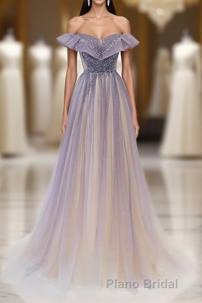 Purple Off Shoulder Tulle Sequin Long Formal Prom Dresses, Purple Evening Dresses Main image