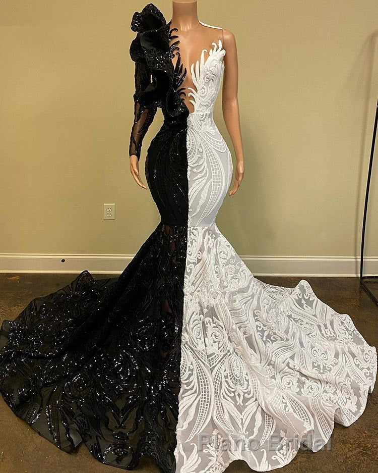 Hot Half Black Half White One shoulder Long Sleeves Mermaid Formal Prom Dresses
