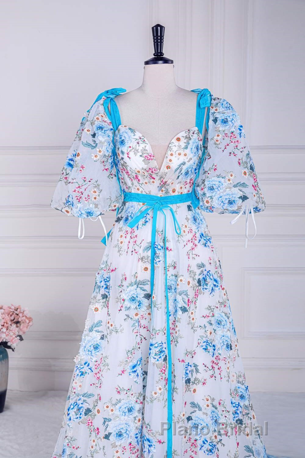 Blue and White Floral Bow Tie Straps A-line Long Formal Prom Dresses with Slit