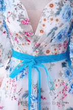 Blue and White Floral Bow Tie Straps A-line Long Formal Prom Dresses with Slit