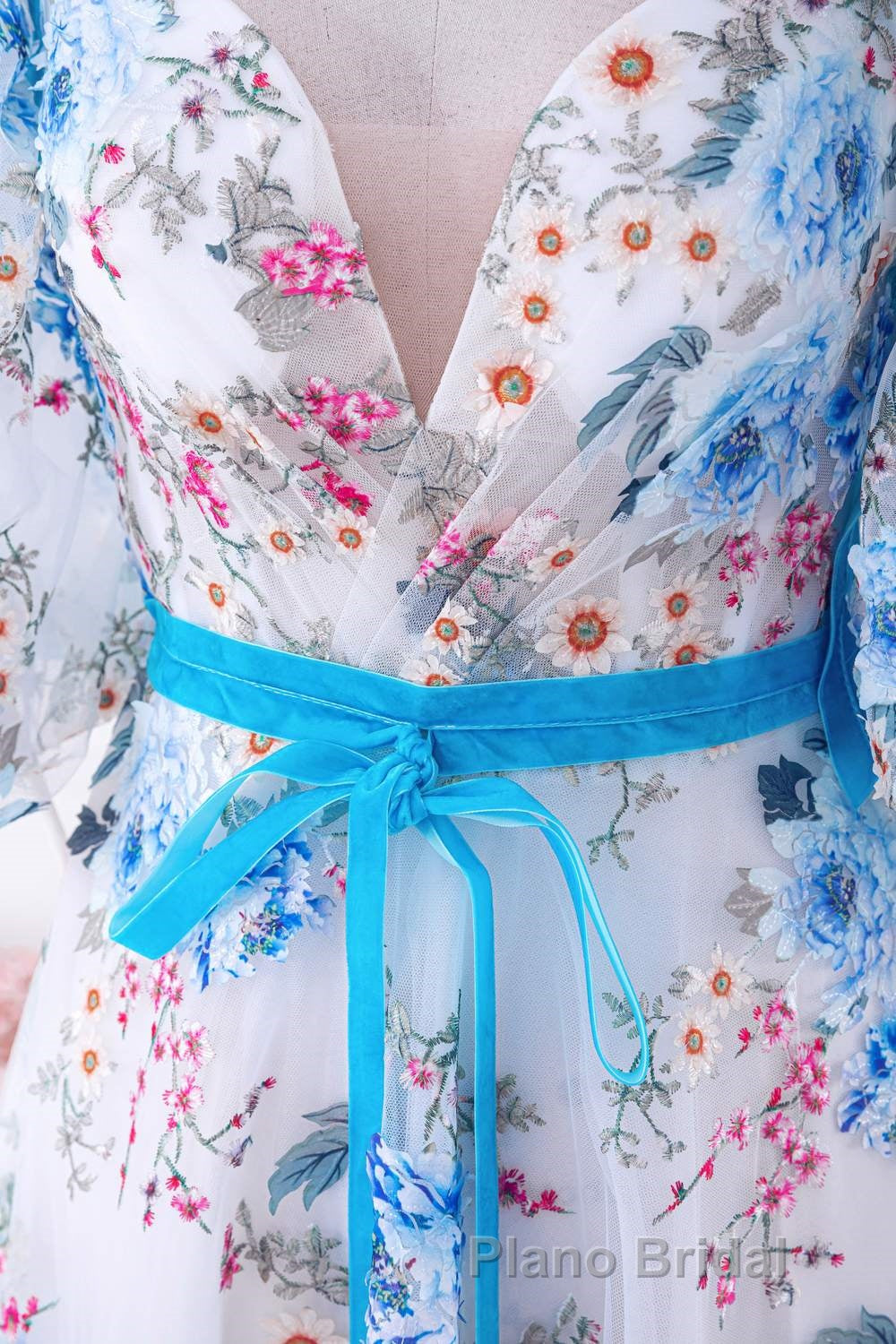 Blue and White Floral Bow Tie Straps A-line Long Formal Prom Dresses with Slit