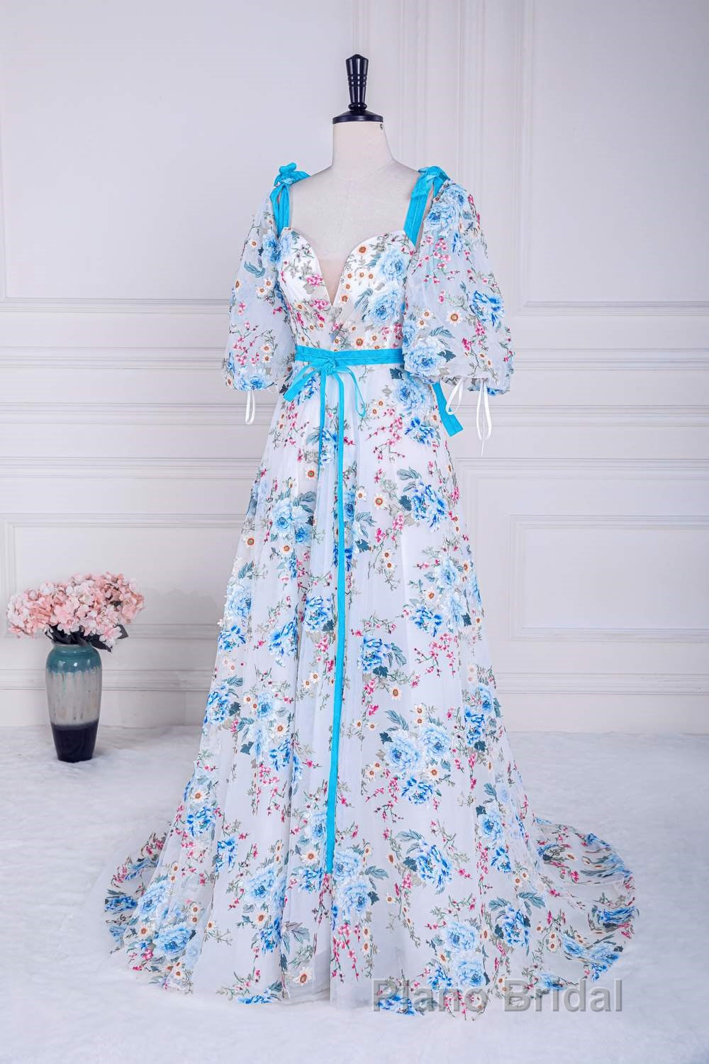 Blue and White Floral Bow Tie Straps A-line Long Formal Prom Dresses with Slit