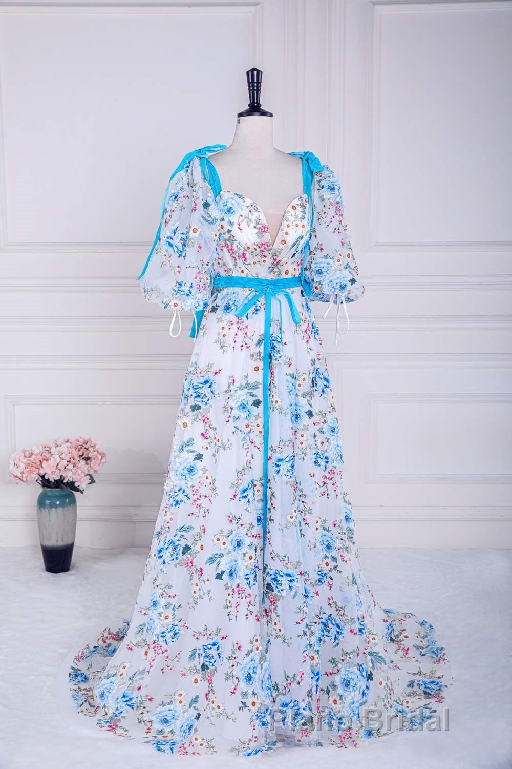 Blue and White Floral Bow Tie Straps A-line Long Formal Prom Dresses with Slit