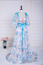 Blue and White Floral Bow Tie Straps A-line Long Formal Prom Dresses with Slit
