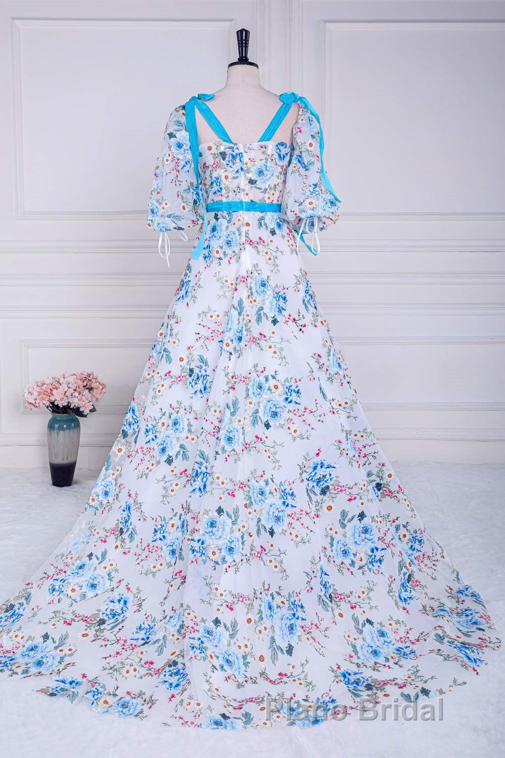 Blue and White Floral Bow Tie Straps A-line Long Formal Prom Dresses with Slit