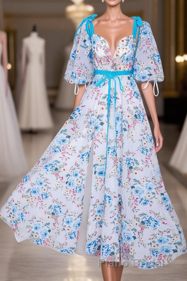 Blue and White Floral Bow Tie Straps A-line Long Formal Prom Dresses with Slit Main image