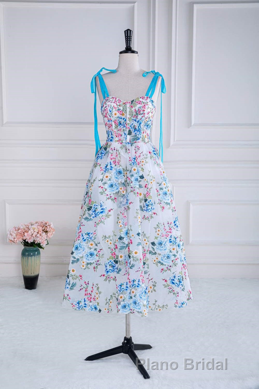 Blue and White Floral Bow Tie Straps A-line Tea-Length Formal Prom Dresses