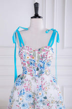 Blue and White Floral Bow Tie Straps A-line Tea-Length Formal Prom Dresses