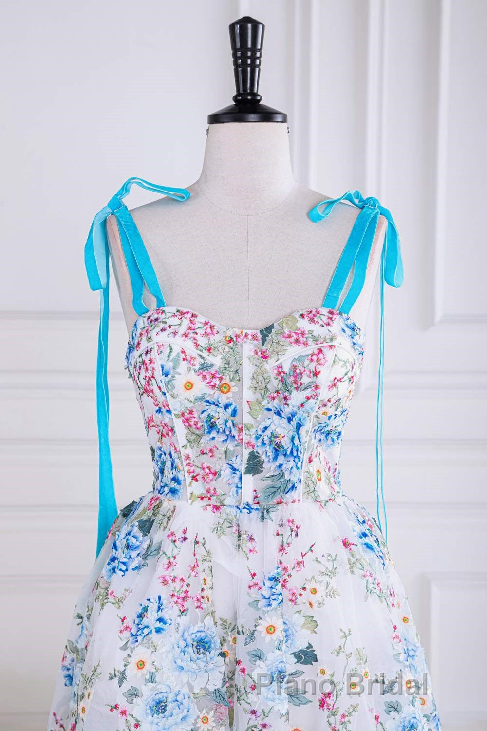 Blue and White Floral Bow Tie Straps A-line Tea-Length Formal Prom Dresses