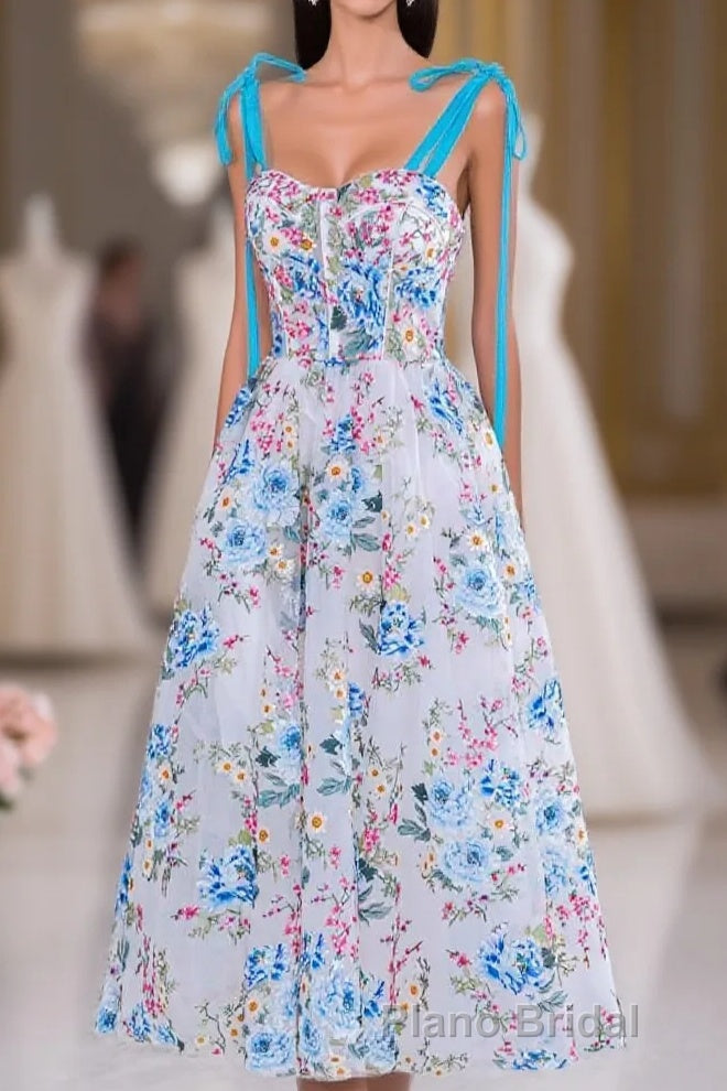 Blue and White Floral Bow Tie Straps A-line Tea-Length Formal Prom Dresses