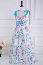 Blue and White Floral Bow Tie Straps A-line Tea-Length Formal Prom Dresses