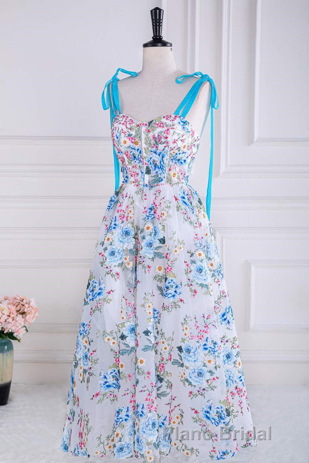 Blue and White Floral Bow Tie Straps A-line Tea-Length Formal Prom Dresses
