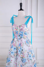 Blue and White Floral Bow Tie Straps A-line Tea-Length Formal Prom Dresses