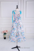 Blue and White Floral Bow Tie Straps A-line Tea-Length Formal Prom Dresses