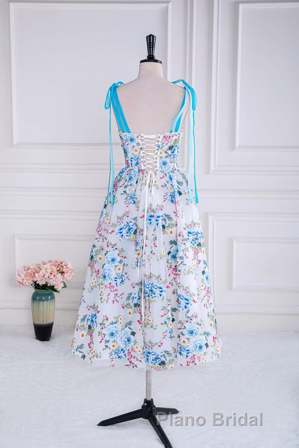 Blue and White Floral Bow Tie Straps A-line Tea-Length Formal Prom Dresses
