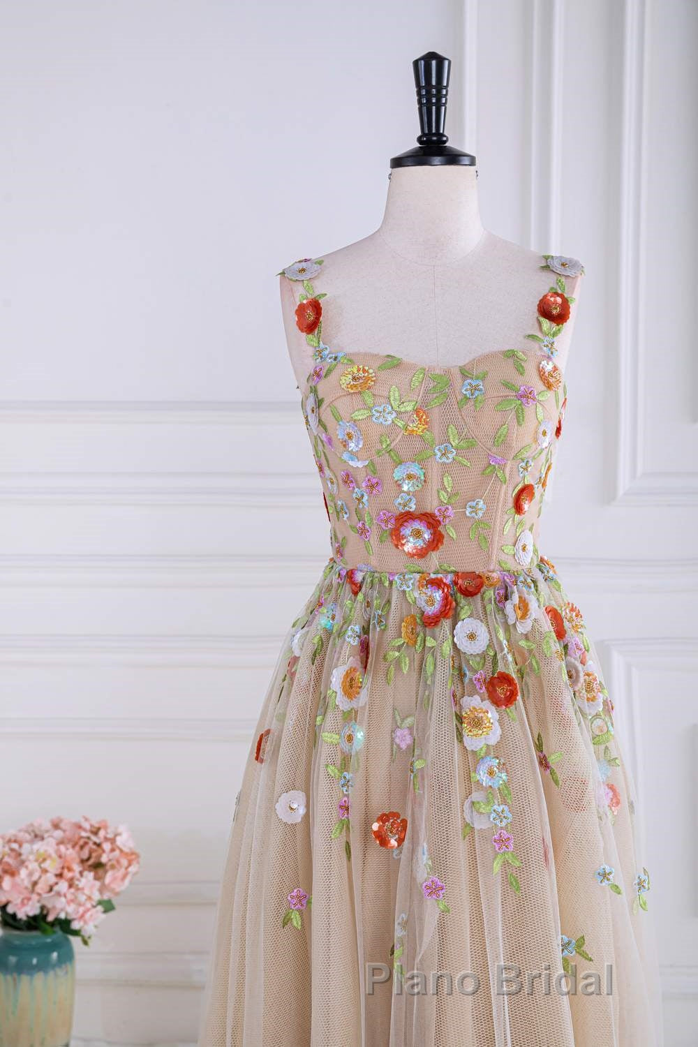 Dusty Pink Sequined Floral Appliques A-line Long Formal Prom Dresses