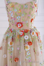 Dusty Pink Sequined Floral Appliques A-line Long Formal Prom Dresses