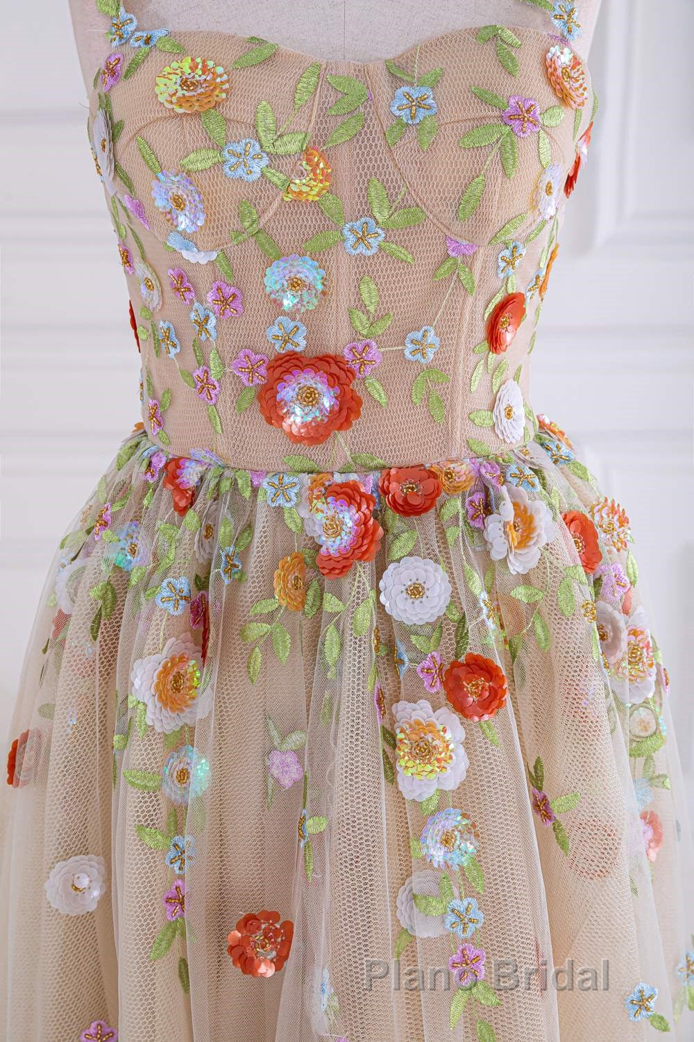 Dusty Pink Sequined Floral Appliques A-line Long Formal Prom Dresses