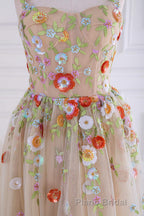 Dusty Pink Sequined Floral Appliques A-line Long Formal Prom Dresses
