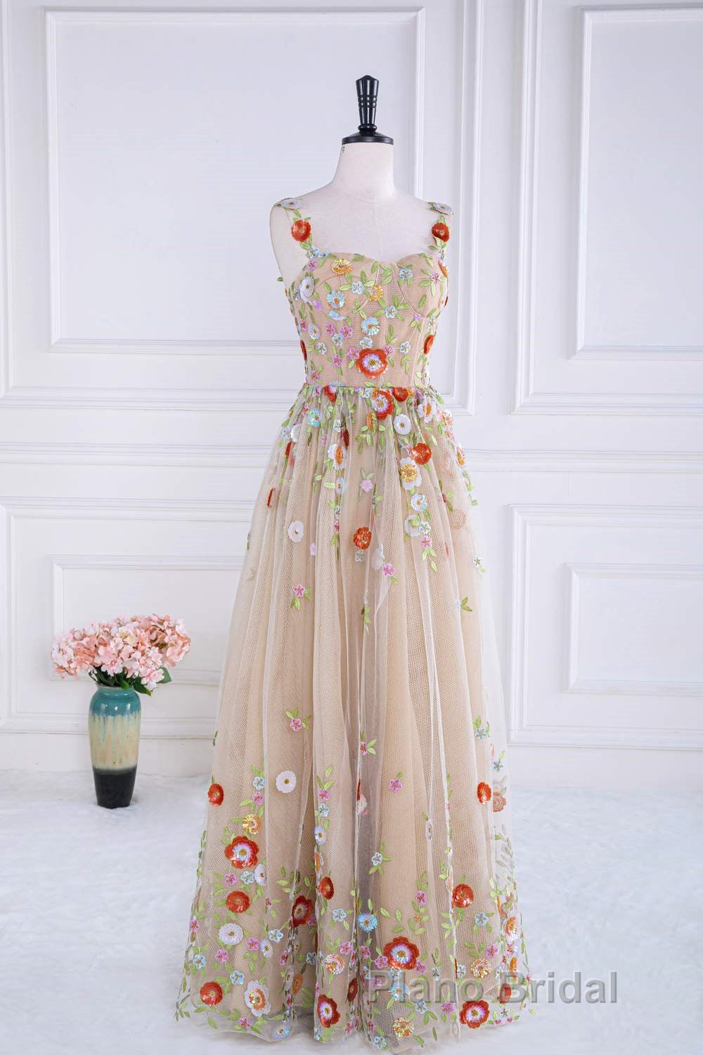 Dusty Pink Sequined Floral Appliques A-line Long Formal Prom Dresses Main image